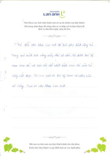 Cám ơn bác sỹ Nam và Nha khoa Lan Anh
