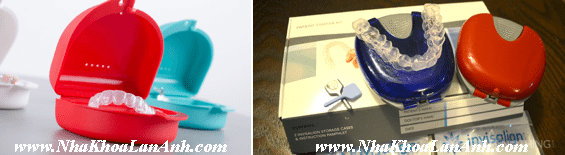 hinh: khi di ra ngoai, ban can dung khay invisalign vao trong hop dung bang nhua cung de tranh khay bi be gay do vo y (de trong tui quan va ngoi len chang han, tinh huong nay rat thuong gap!). hang invisalign luon gui kem 2 khay mau xanh va do de ban su dung. ban cung nen ghi ro ho ten va so dien thoai lien lac tren hop dung khay invisalign, de khi bi that lac thi se co nguoi tra lai nhe!