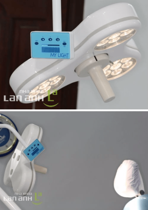 hinh: he thong den led phau thuat tai nha khoa lan anh. he thong nay su dung 3 cum den led, giup cho anh sang khong bao gio bi che khuat khi bac si dang phau thuat (chang han nhu den bi che boi tro thu hay bac si phu trong khi phau thuat), dam bao an toan toi da cho qua trinh phau thuat cua bac si. den su dung cong nghe led giup dem lai anh sang toi da, va bo phan dieu chinh bang cam bien giup ve sinh, khu khuan de dang.